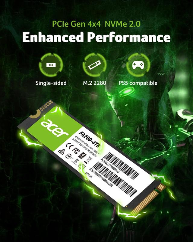 m.2SSD acer FA200 2TB （PCIE Gen4） SSD acer FA200 NVMe Gen4 de 2 TB, PCIe 4.0, M.2 2280 para laptop